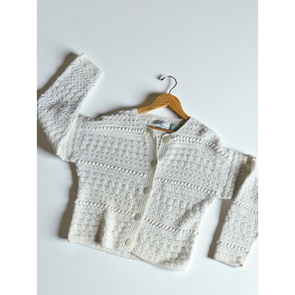 Vintage White Knit Cardigan Button Front Hand Knit Sweater Womens Medium